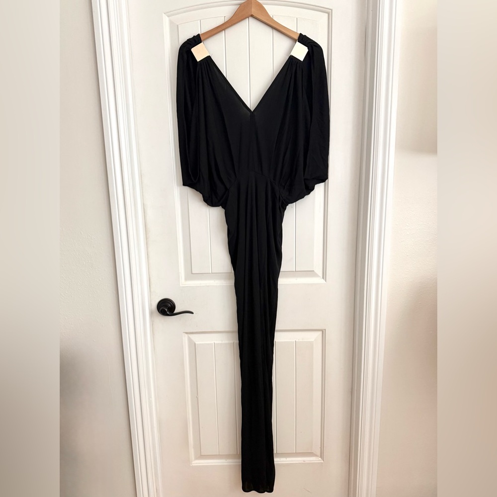 Olivaceous Black Goddess V Neck Maxi Dress with Gold Shoulder Accents Size Large